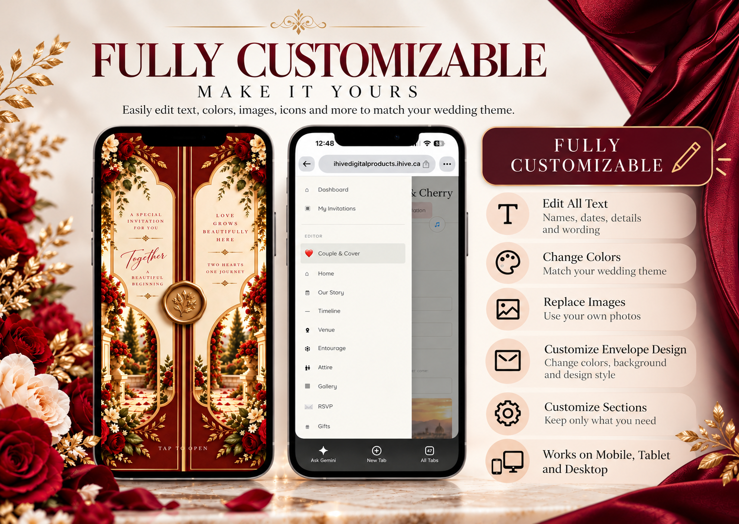Invitation editor with customizable sections